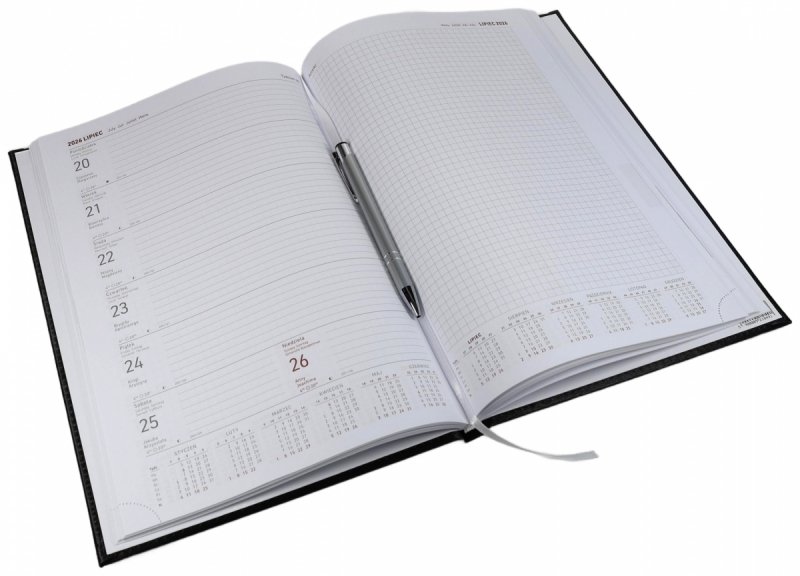 Kalendarz książkowy 2026 A4 TYGODNIOWY Z NOTESEM papier biały drukowane registry oprawa ALUMINIUM szara