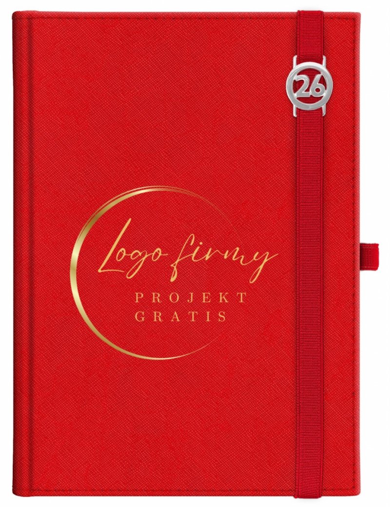 Kalendarz książkowy 2026 A5 dzienny papier chamois wycinane registry oprawa z zamykaniem na gumkę i mocowaniem na długopis ROSSA VIU czerwona Z NADRUKIEM LOGO