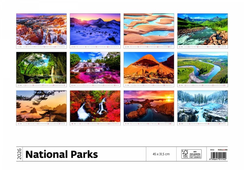 podgląd wszystkich kart kalendarza ściennego National Parks na rok 2026