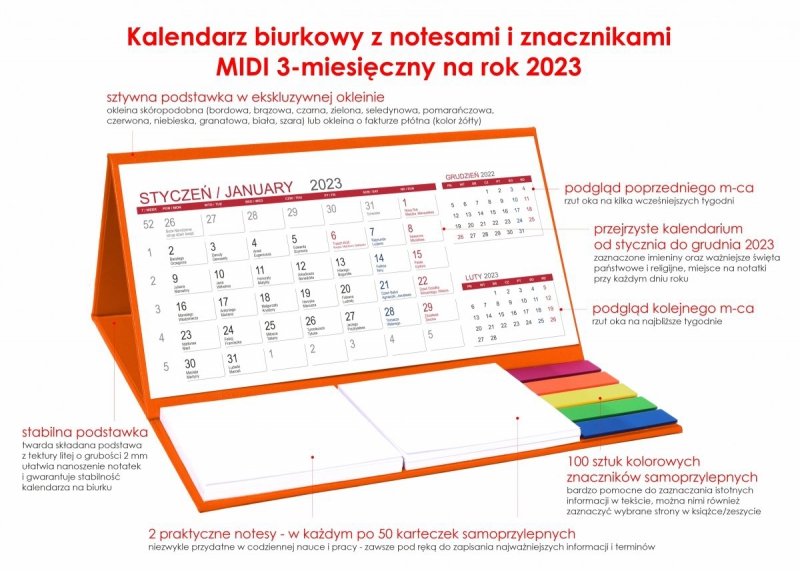 Kalendarz z notesami i znacznikami do postawienia na biurku na rok 2023