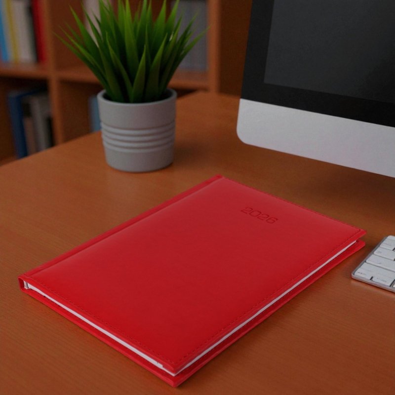 Kalendarz książkowy 2026 A4 TYGODNIOWY Z NOTESEM papier biały drukowane registry oprawa VIVELLA EXCLUSIVE czerwona