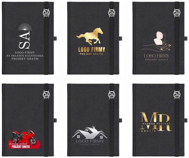 Kalendarz książkowy 2026 B5 dzienny papier chamois wycinane registry oprawa z zamykaniem na gumkę i mocowaniem na długopis ROSSA VIU czarna Z NADRUKIEM LOGO