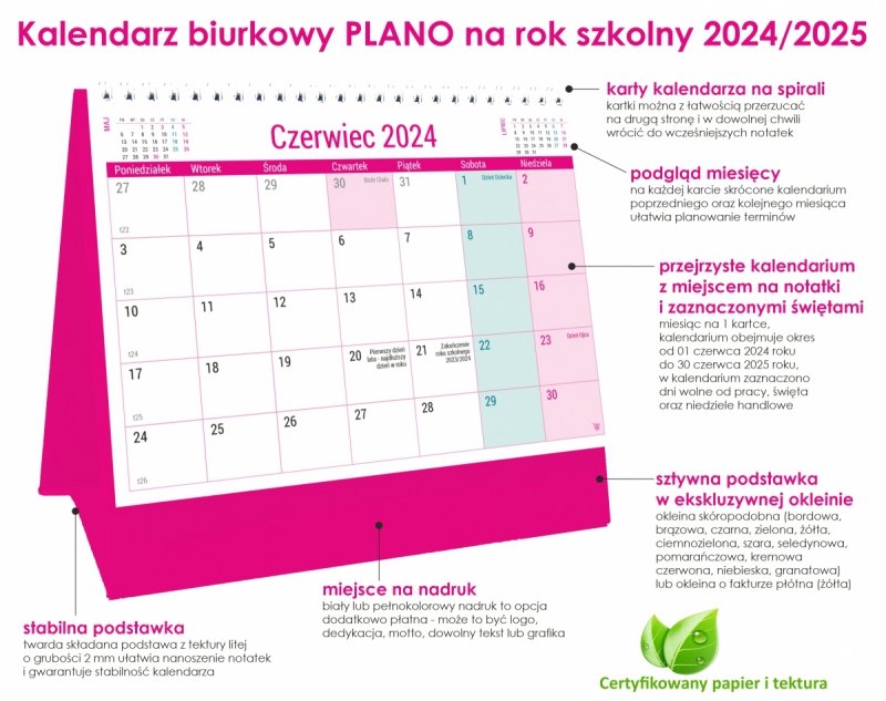 Opis kalendarza biurkowego Plano na rok szkolny 2024/25