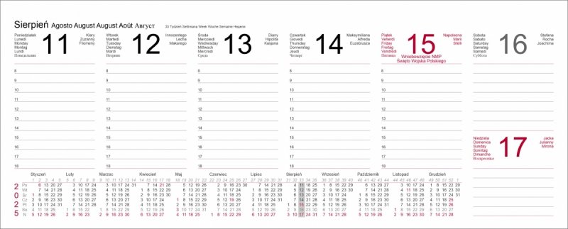 Kalendarium do kalendarza tygodniowego na rok 2025