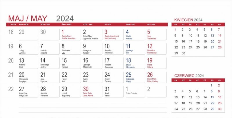 Kartka z kalendarium biurkowego MIDI 3-miesięcznego - maj 2024