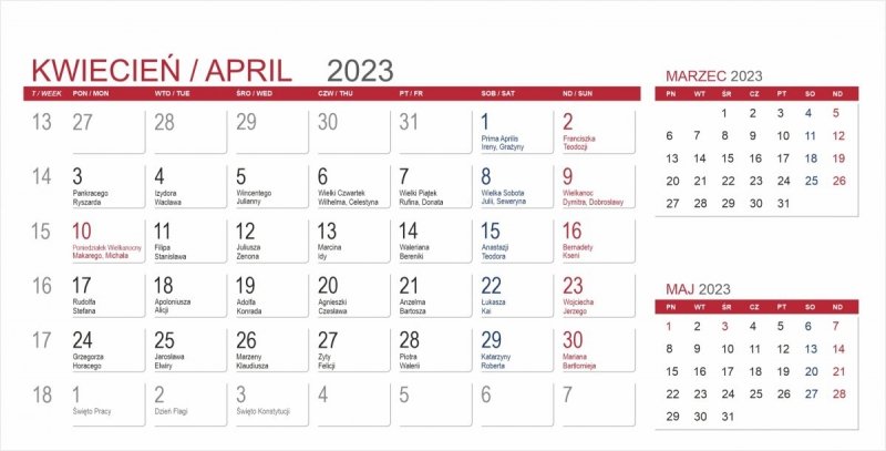 Kalendarium 3-miesięczne do kalendarza biurkowego na rok 2023 - kwiecień 2023