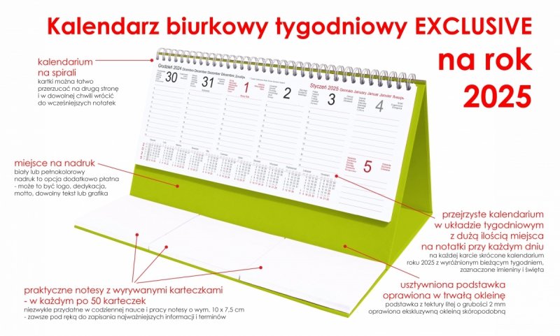 Kalendarz biurkowy stojący na podstawce - kalendarium tygodniowe na rok 2025