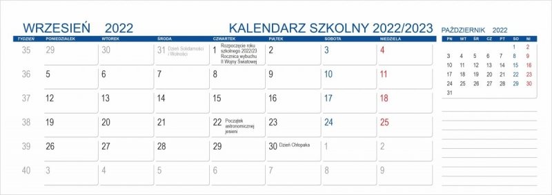 Kalendarium na rok szkolny 2022/2023 do kalendarza biurkowego - wrzesień 2022