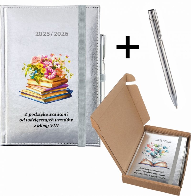 kalendarz nauczyciela z dedykacją, długopisem i ozdobnym pudełkiem na rok szkolny 2025/2026