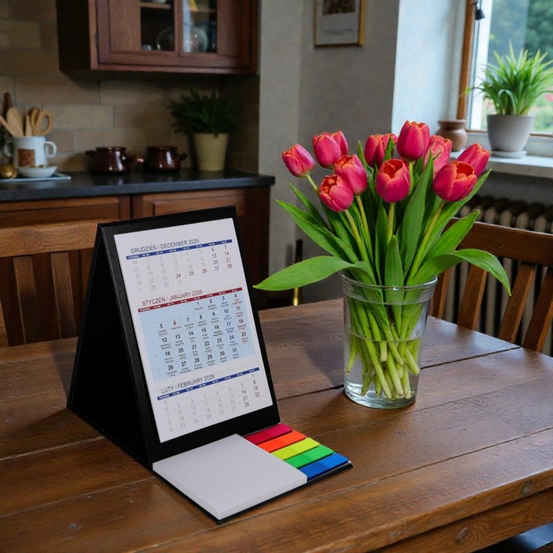 Kalendarz biurkowy z notesem i znacznikami TOP 3-miesięczny 2026 czarny