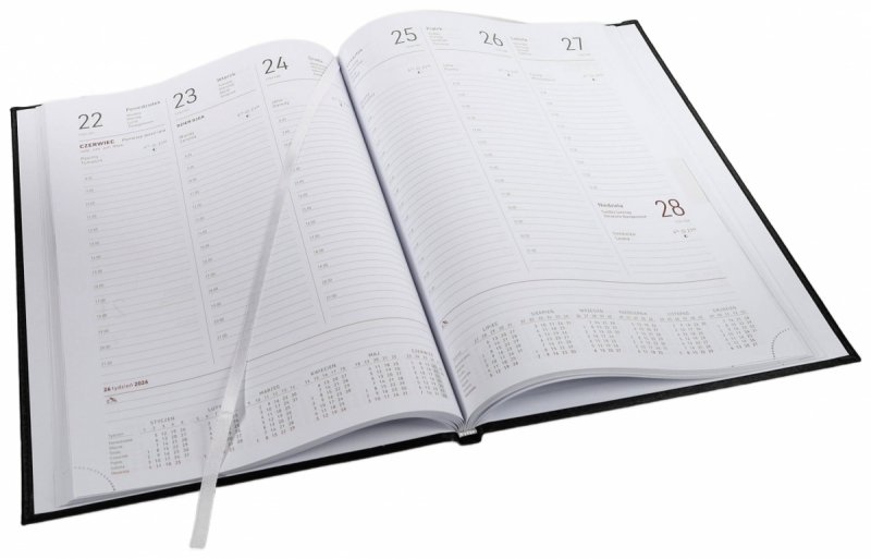 Kalendarz książkowy 2026 A4 tygodniowy papier biały drukowane registry oprawa ALUMINIUM szara Z NADRUKIEM LOGO