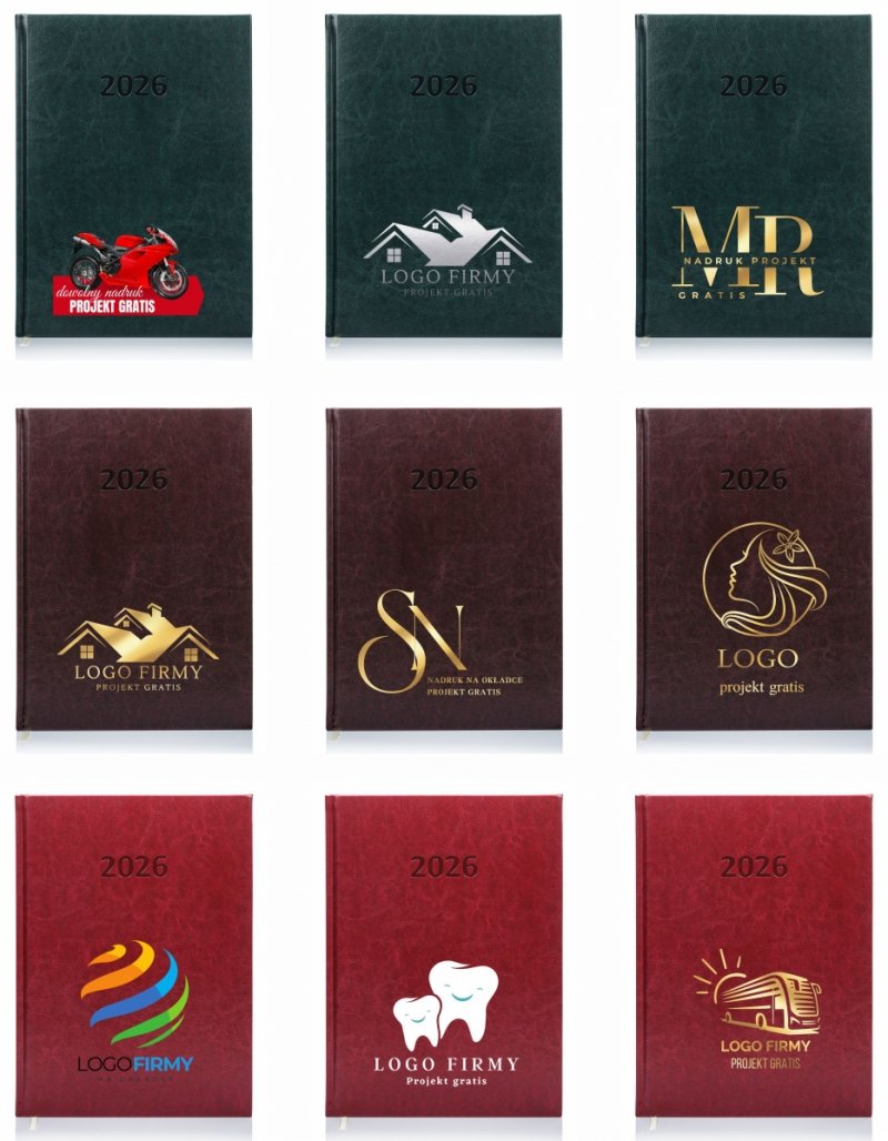 Kalendarz książkowy 2026 A4 dzienny papier chamois wycinane registry oprawa PRIMA Z NADRUKIEM LOGO 