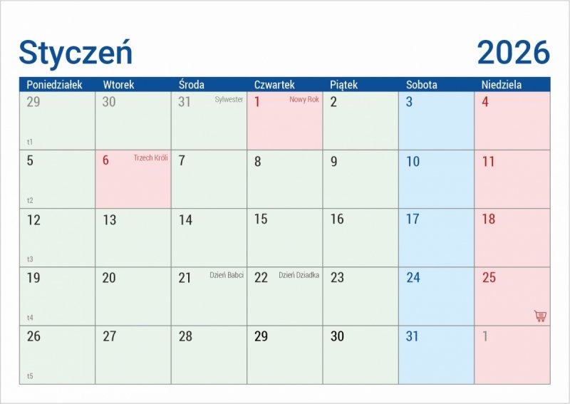 kolorowy kalendarz miesięczny na kartonowej podstawce MINI PLANO 