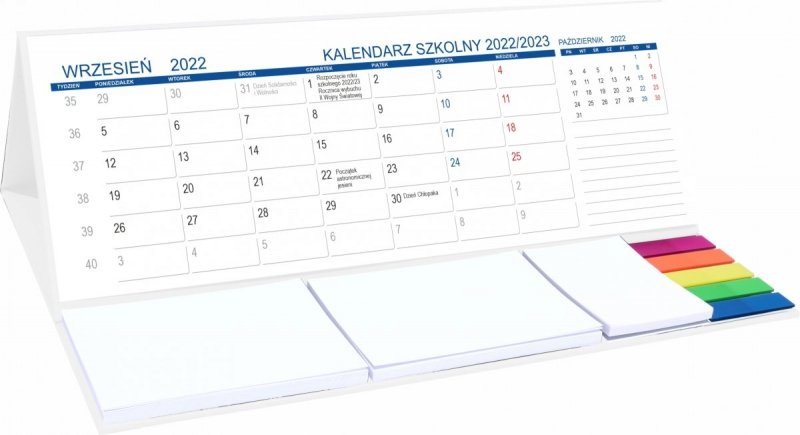 Kalendarz biurkowy z notesami i znacznikami MAXI na rok szkolny 2022/2023 biały