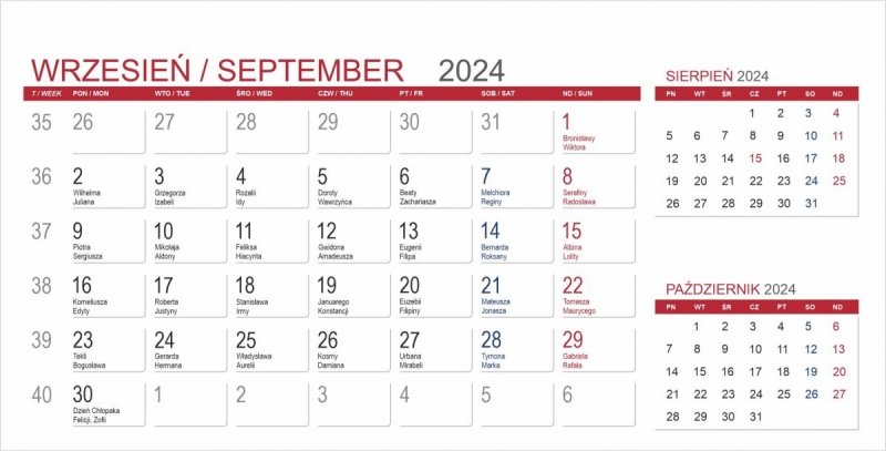 Kartka z kalendarium biurkowego MIDI 3-miesięcznego - wrzesień 2024