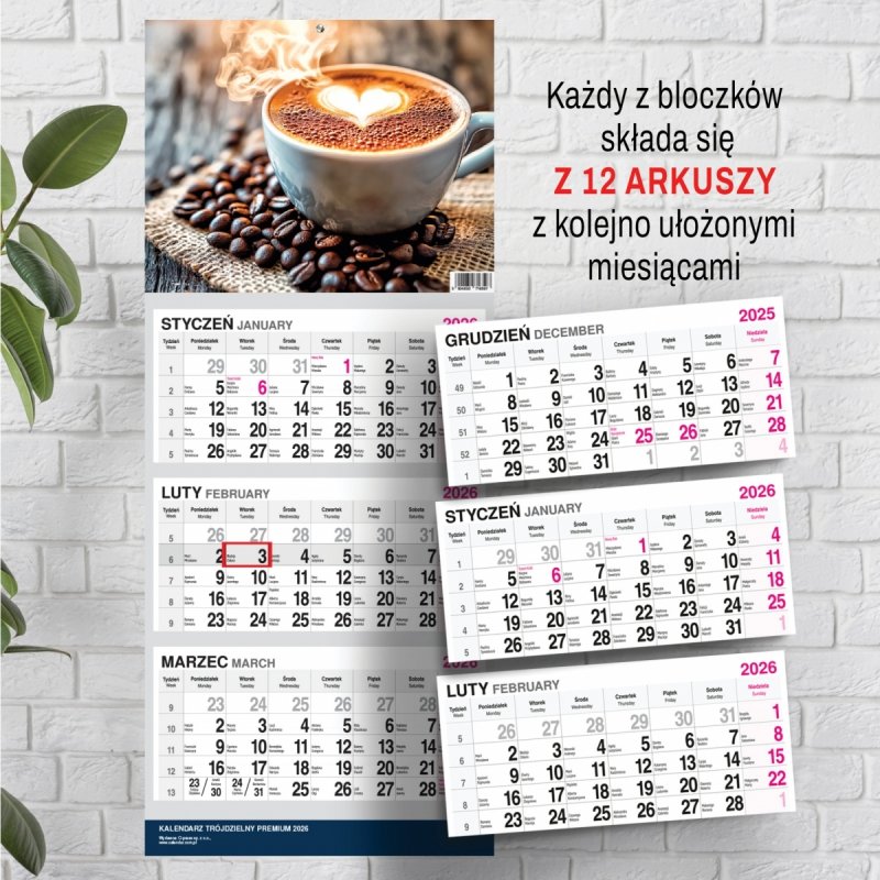 Kalendarz TRÓJDZIELNY PREMIUM 2026 KAWA