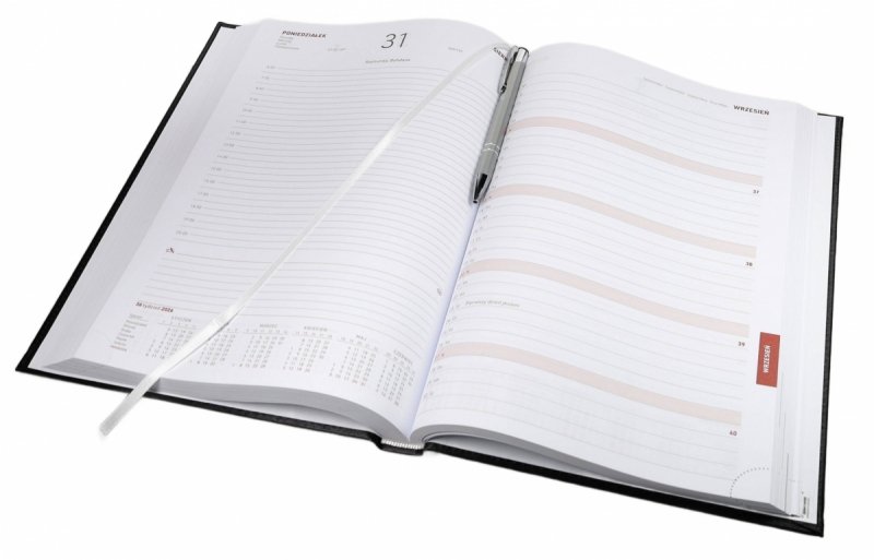 Kalendarz książkowy 2026 A4 dzienny papier biały drukowane registry oprawa ALUMINIUM szara Z NADRUKIEM LOGO