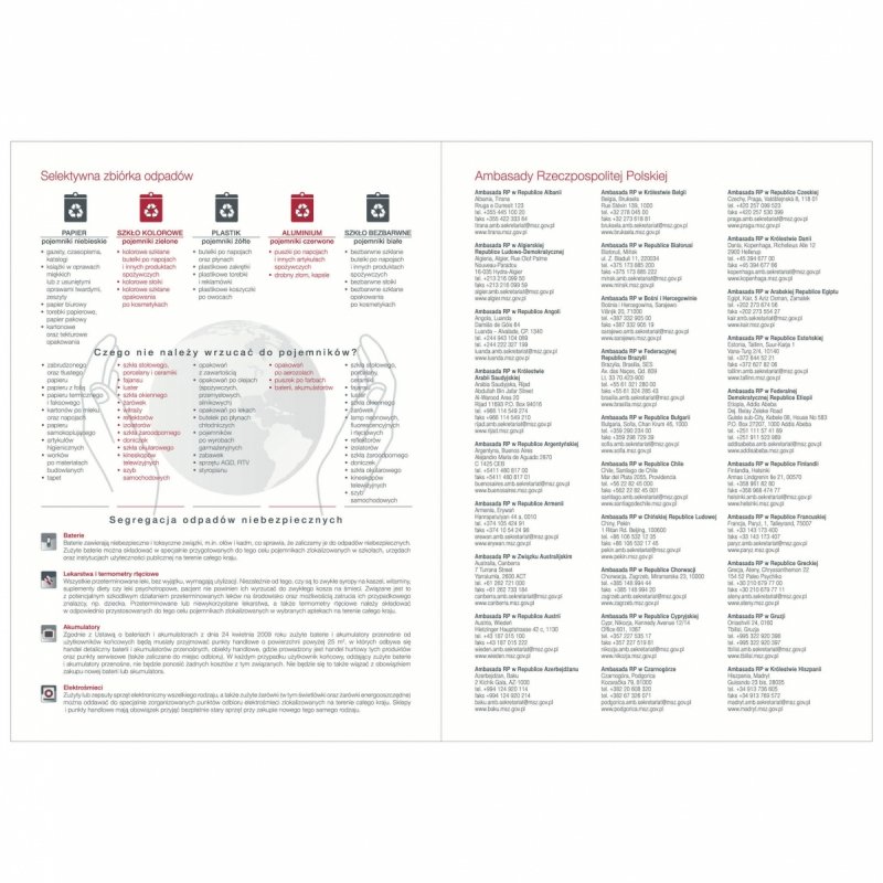 informacje dotyczące selektywnej zbiórki odpadów oraz dane ambasad Rzeczypospolitej Polski