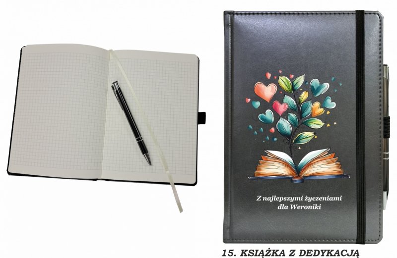 notes zamykany na gumkę z długopisem z grafiką na okładce