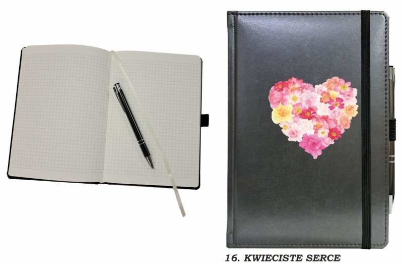 notes zamykany na gumkę z długopisem z grafiką na okładce