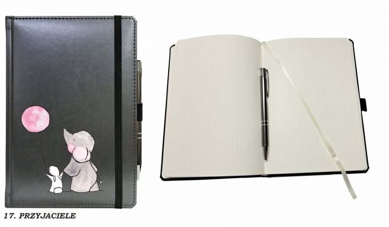 notes zamykany na gumkę z długopisem z grafiką na okładce