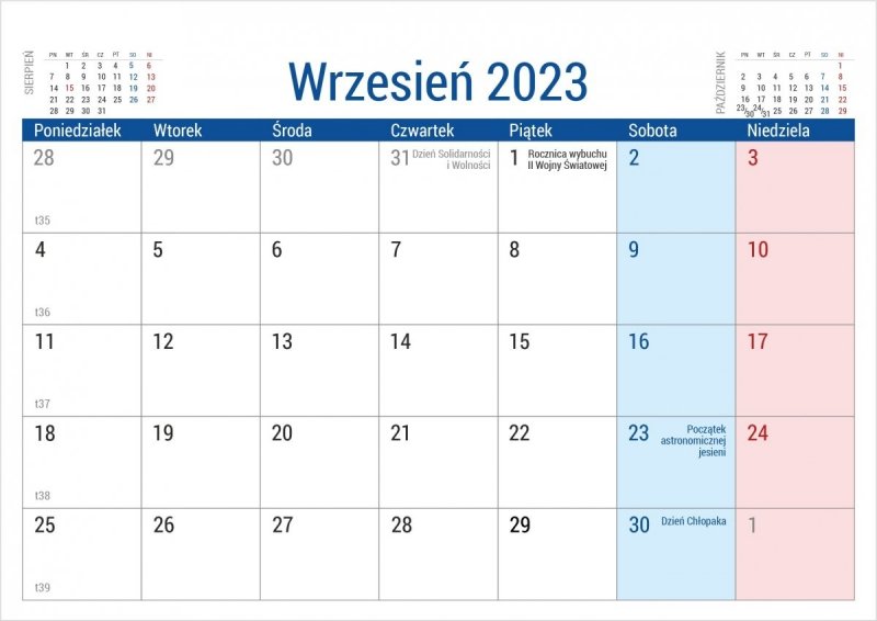 Kalendarium do kalendarza biurkowego PLANO na rok 2023 - wrzesień 2023