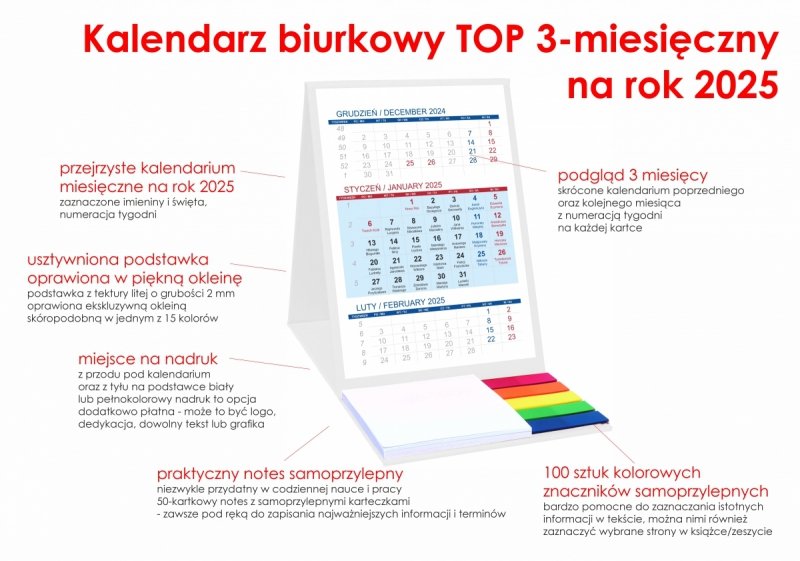 opis kalendarz 3-miesięcznego z notesem i znacznikami