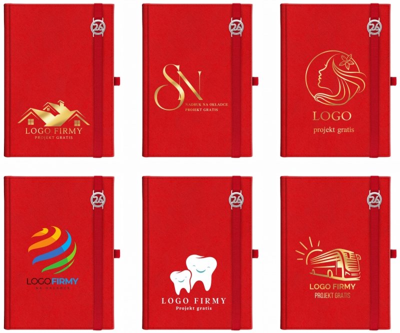 Kalendarz książkowy 2026 B5 dzienny papier chamois wycinane registry oprawa z zamykaniem na gumkę i mocowaniem na długopis ROSSA VIU czerwona Z NADRUKIEM LOGO