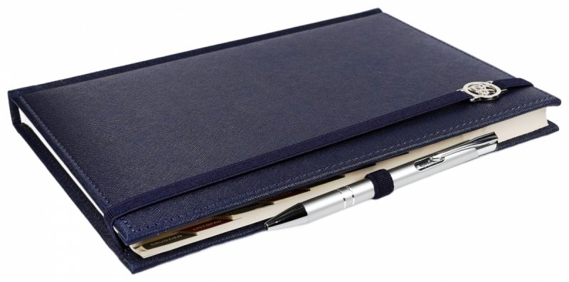 Kalendarz książkowy 2026 B5 dzienny papier chamois wycinane registry oprawa z zamykaniem na gumkę i mocowaniem na długopis ROSSA VIU granatowa