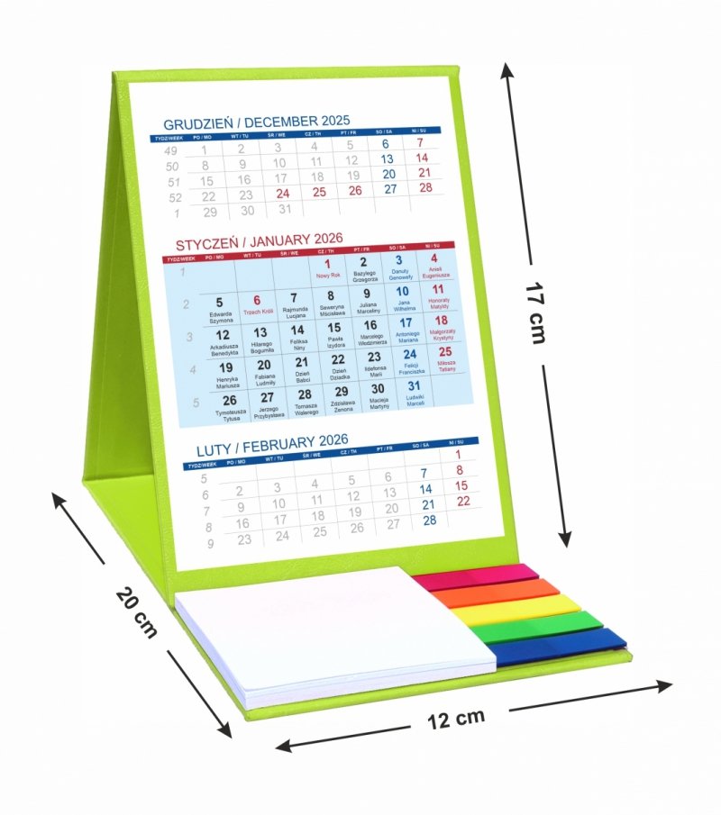 Kalendarz biurkowy z notesem i znacznikami TOP 3-miesięczny 2026 seledynowy