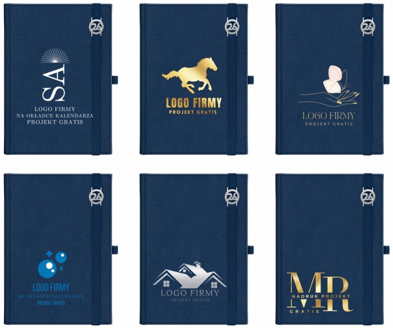 Kalendarz książkowy 2026 A4 tygodniowy papier chamois wycinane registry oprawa z zamykaniem na gumkę i mocowaniem na długopis ROSSA VIU granatowa Z NADRUKIEM LOGO