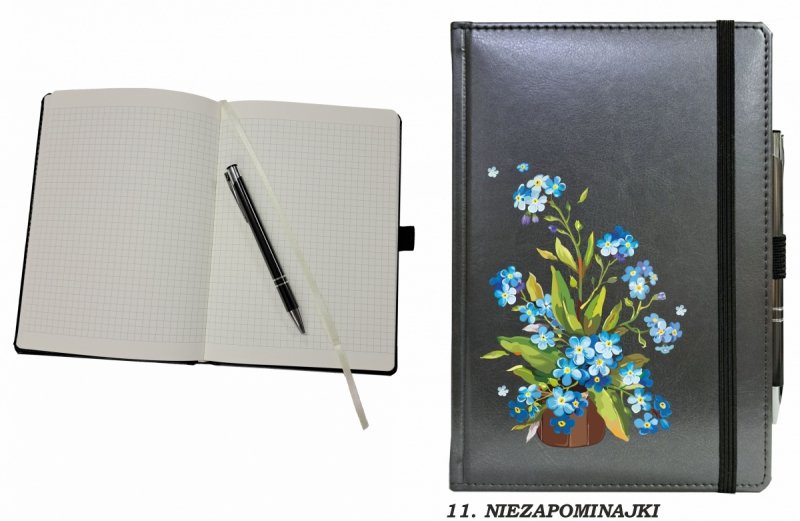 notes zamykany na gumkę z długopisem z grafiką na okładce