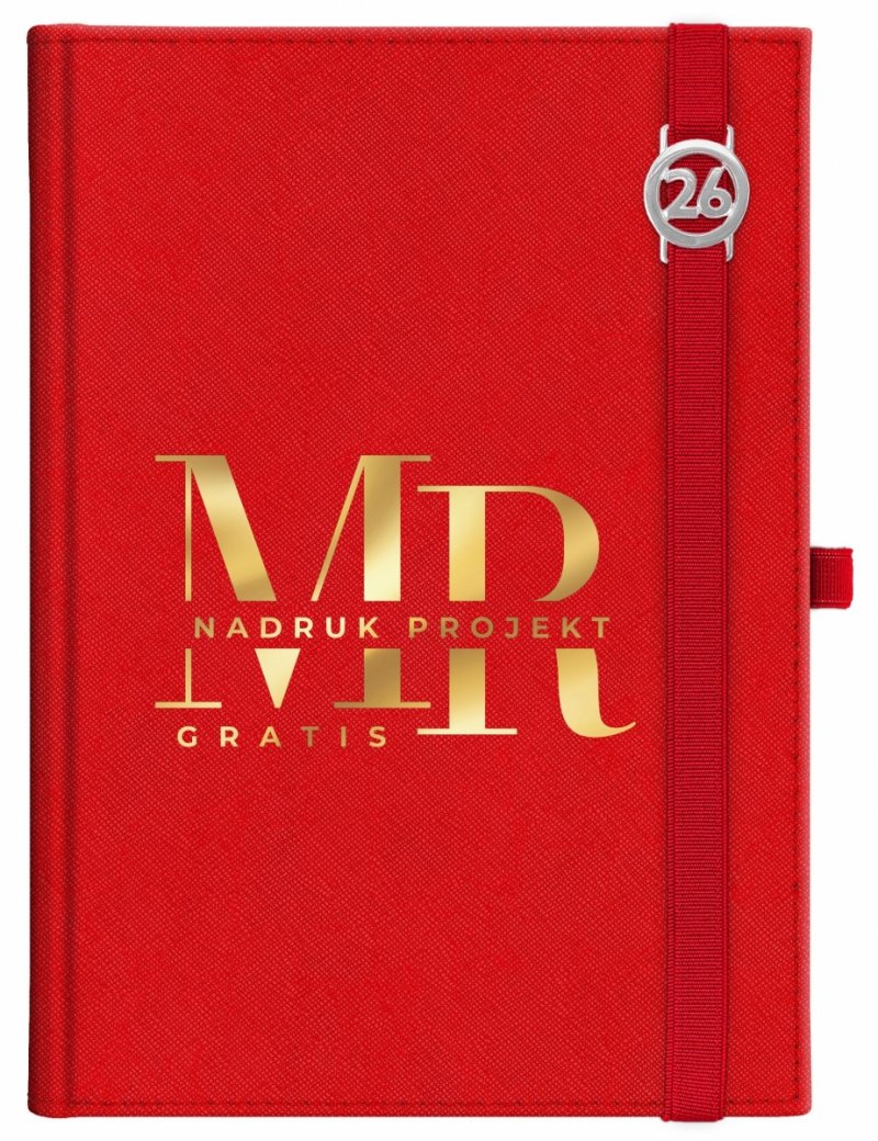 Kalendarz książkowy 2026 B5 dzienny papier chamois wycinane registry oprawa z zamykaniem na gumkę i mocowaniem na długopis ROSSA VIU czerwona Z NADRUKIEM LOGO