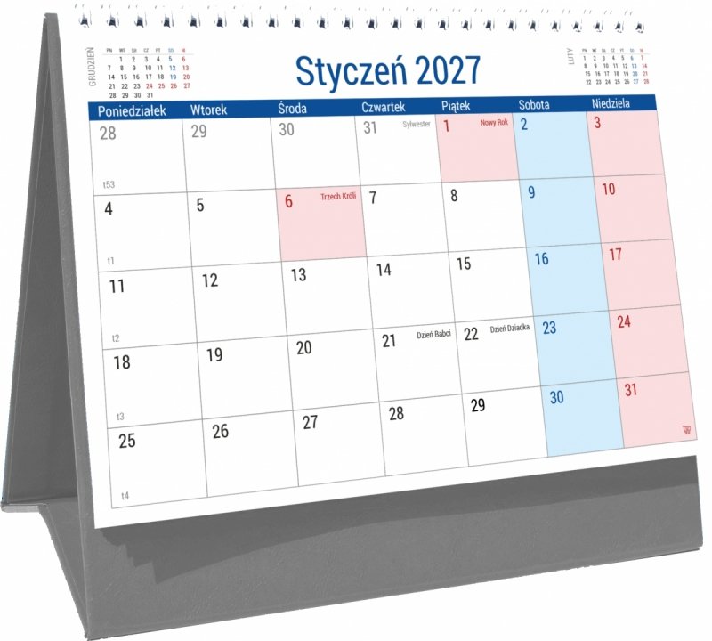 Kalendarz biurkowy PLANO na rok 2027 z dużą ilością miejsca na notatki