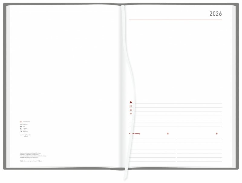 kalendarz B5 na rok 2026 w układzie dziennym, papier w kolorze białym