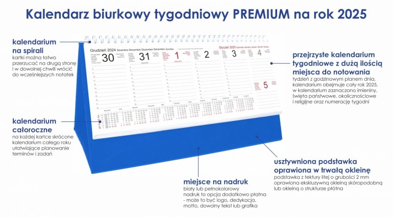 Kalendarz biurkowy stojący na podstawce - kalendarium tygodniowe na rok 2025