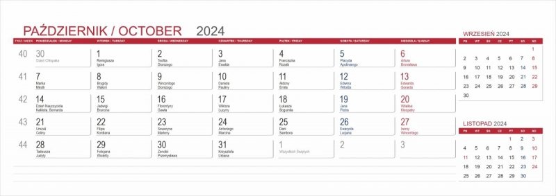 Kartka z kalendarza do kalendarza poziomego na rok 2024 