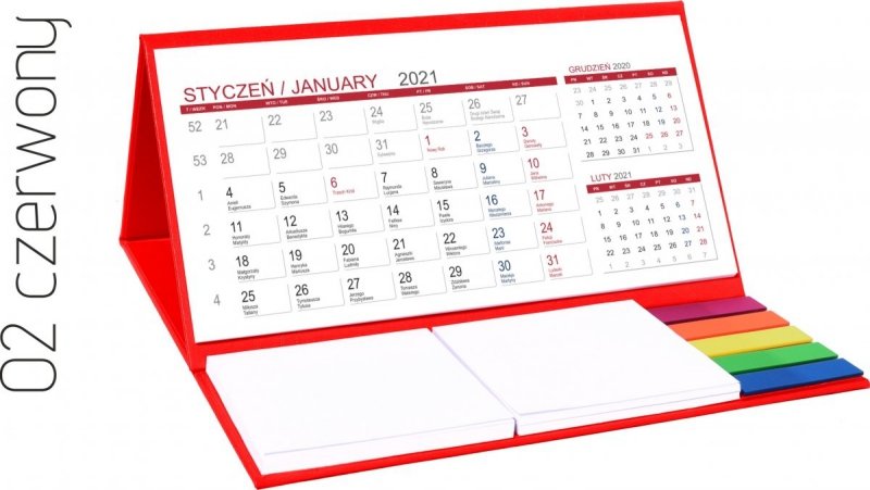 Kalendarz biurkowy z notesami i znacznikami MIDI 3-miesięczny 2021 czerwony