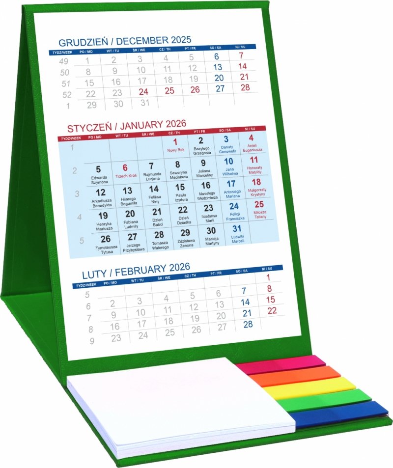Kalendarz biurkowy z notesem i znacznikami TOP 3-miesięczny 2026 zielony