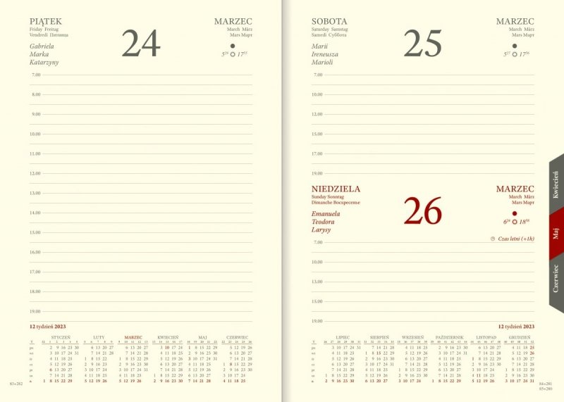 Blok do kalendarza książkowego na rok 2023 w układzie dziennym z wycinanymi registrami