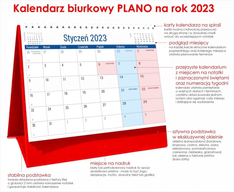 Kalendarz biurowy w układzie miesięcznym na rok 2023