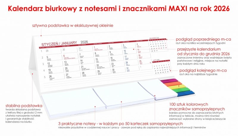 Kalendarz biurkowy z notesami i znacznikami samoprzylepnymi MAXI 2026 biały