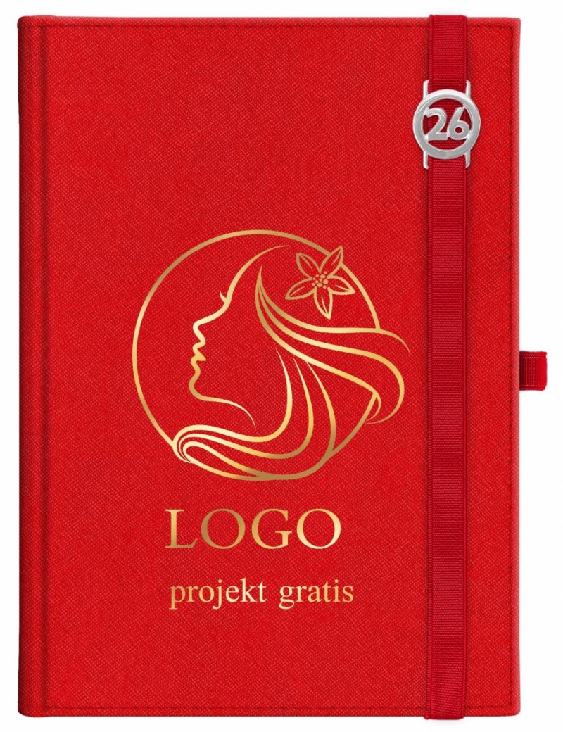 Kalendarz książkowy 2026 A5 dzienny papier chamois wycinane registry oprawa z zamykaniem na gumkę i mocowaniem na długopis ROSSA VIU czerwona Z NADRUKIEM LOGO