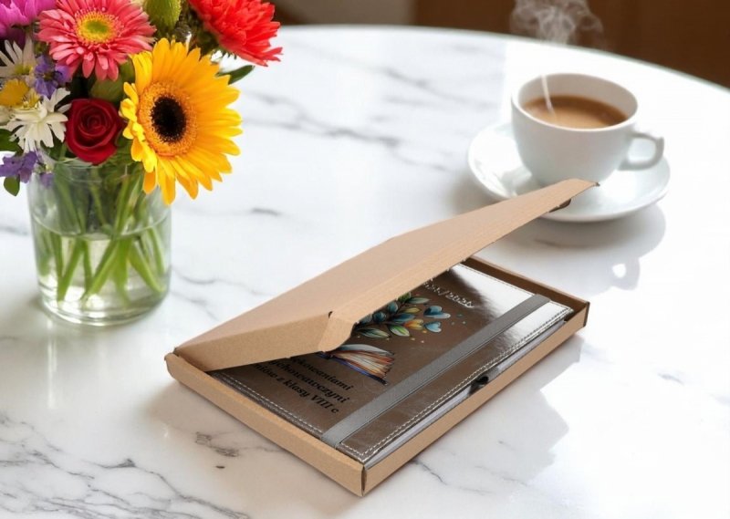 pudełko brązowe fasonowe na kalendarz lub notes