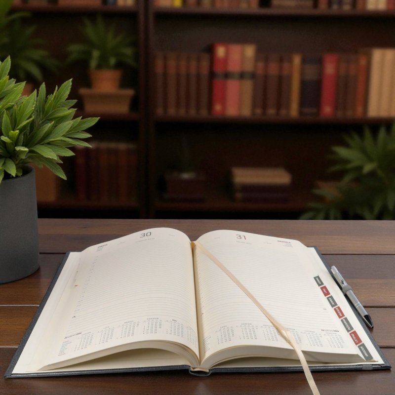 Kalendarz książkowy 2026 A4 dzienny papier chamois wycinane registry oprawa z zamykaniem na gumkę i mocowaniem na długopis ROSSA VIU czarna Z NADRUKIEM LOGO