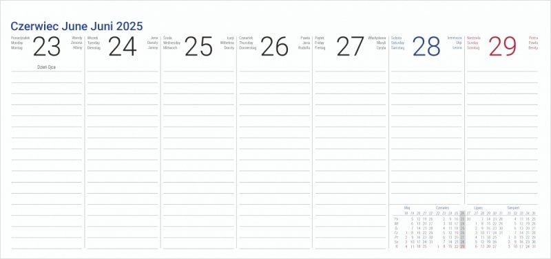 Kalendarium z dużą ilością miejsca na notatki w układzie tygodniowym na rok 2024/2025