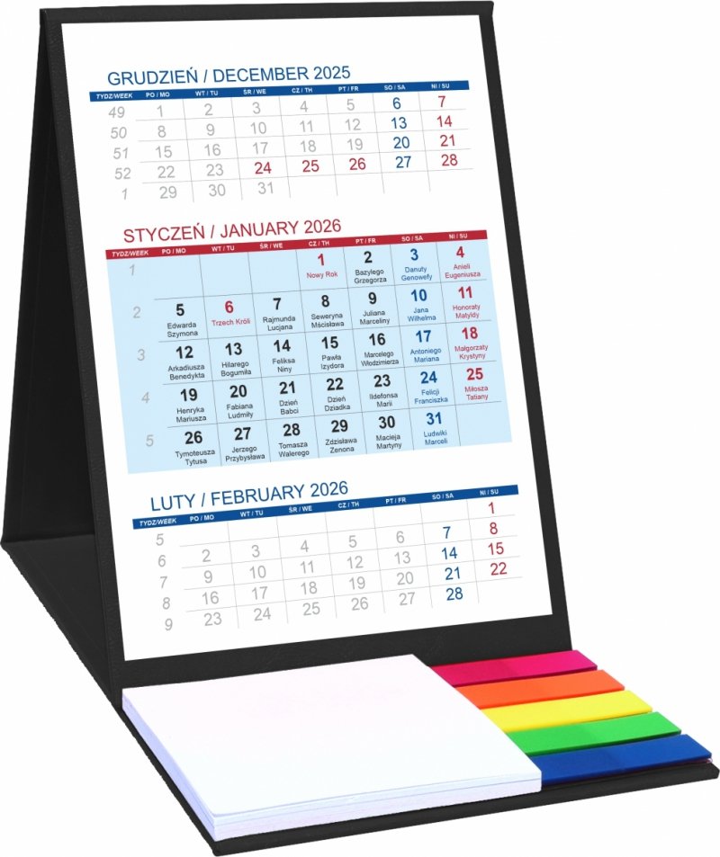 Kalendarz biurkowy z notesem i znacznikami TOP 3-miesięczny 2026 czarny