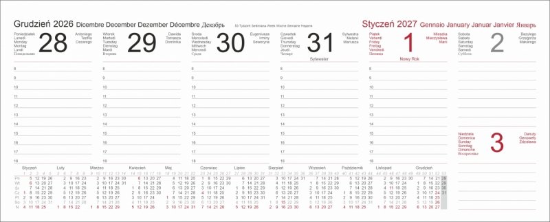 Kalendarium do kalendarza biurkowego w układzie tygodniowym na rok 2026