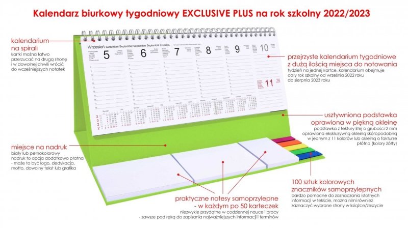 Kalendarz biurkowy tygodniowy z notesami i znacznikami  na rok szkolny 2022/2023 - opis