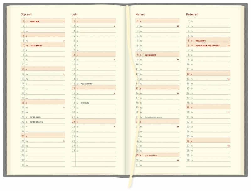 skrócone miesiące od stycznia 2026 do kwietnia 2026 z miejscem na krótkie zapiski